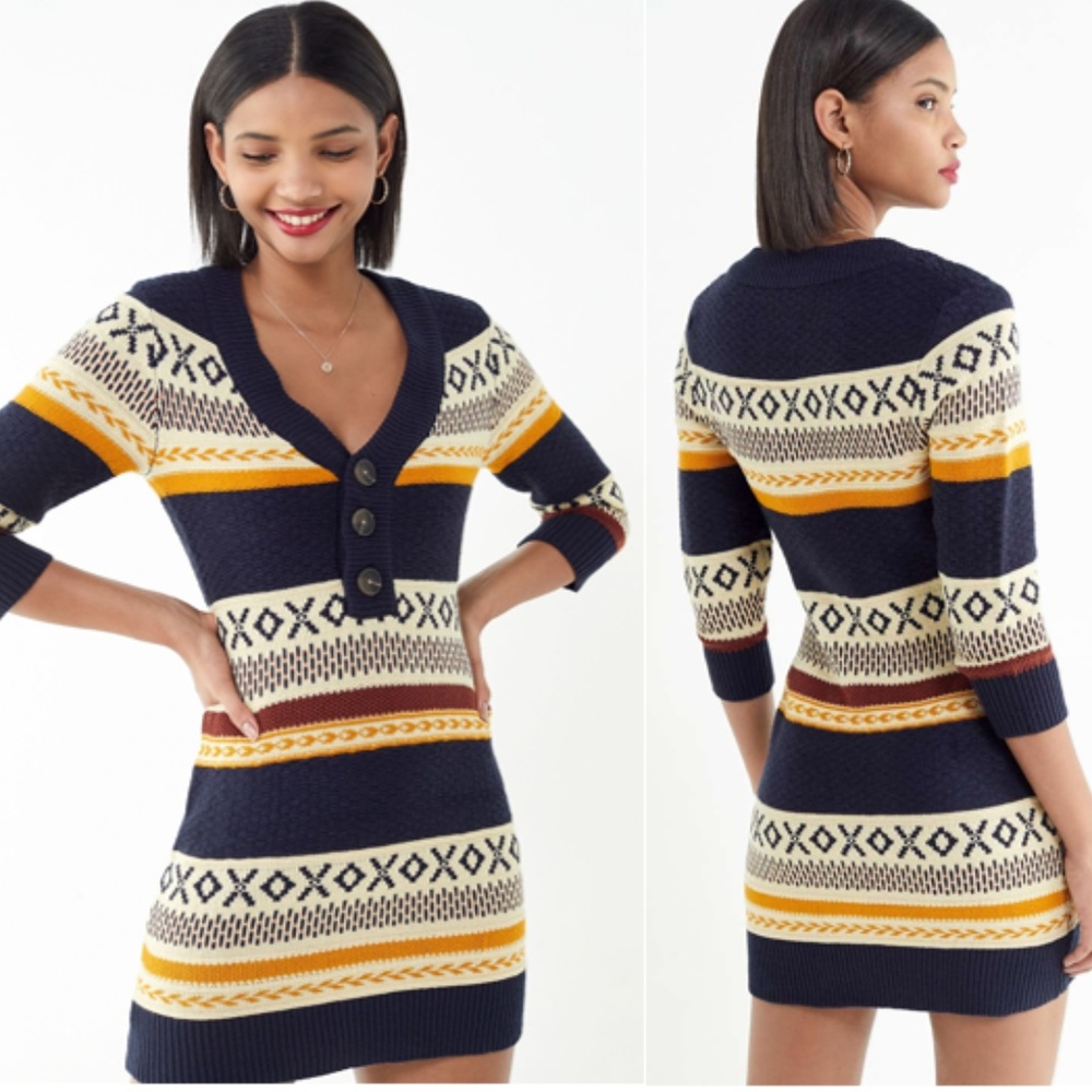 UO Isla Fair Isle Button-Front Sweater Dress